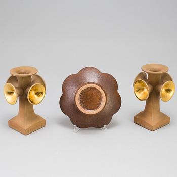 A set of three "Basun" + "Blomljus" stoneware candlesticks by Lisa Larson for Gustavsberg.