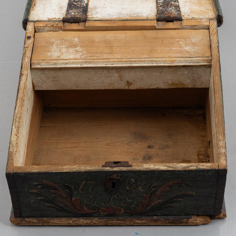 A Swedish polychrome-painted writing box, dated 1788.