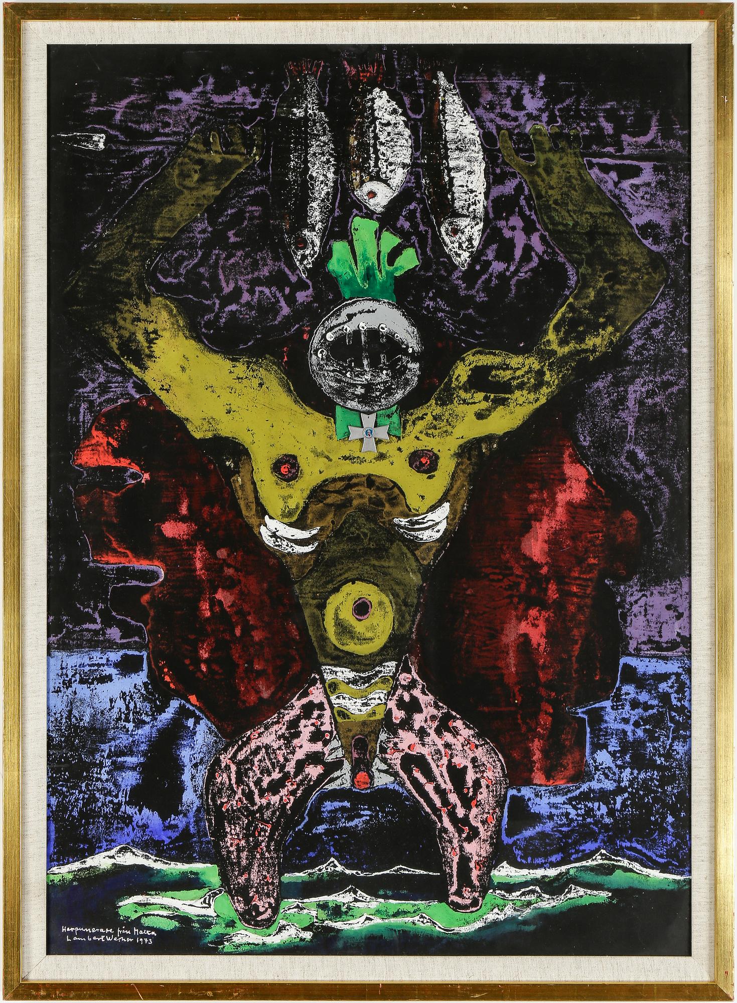 LAMBERT WERNER, "Harpunerare från Malta", gouache med collage, signerad och daterad 1973.