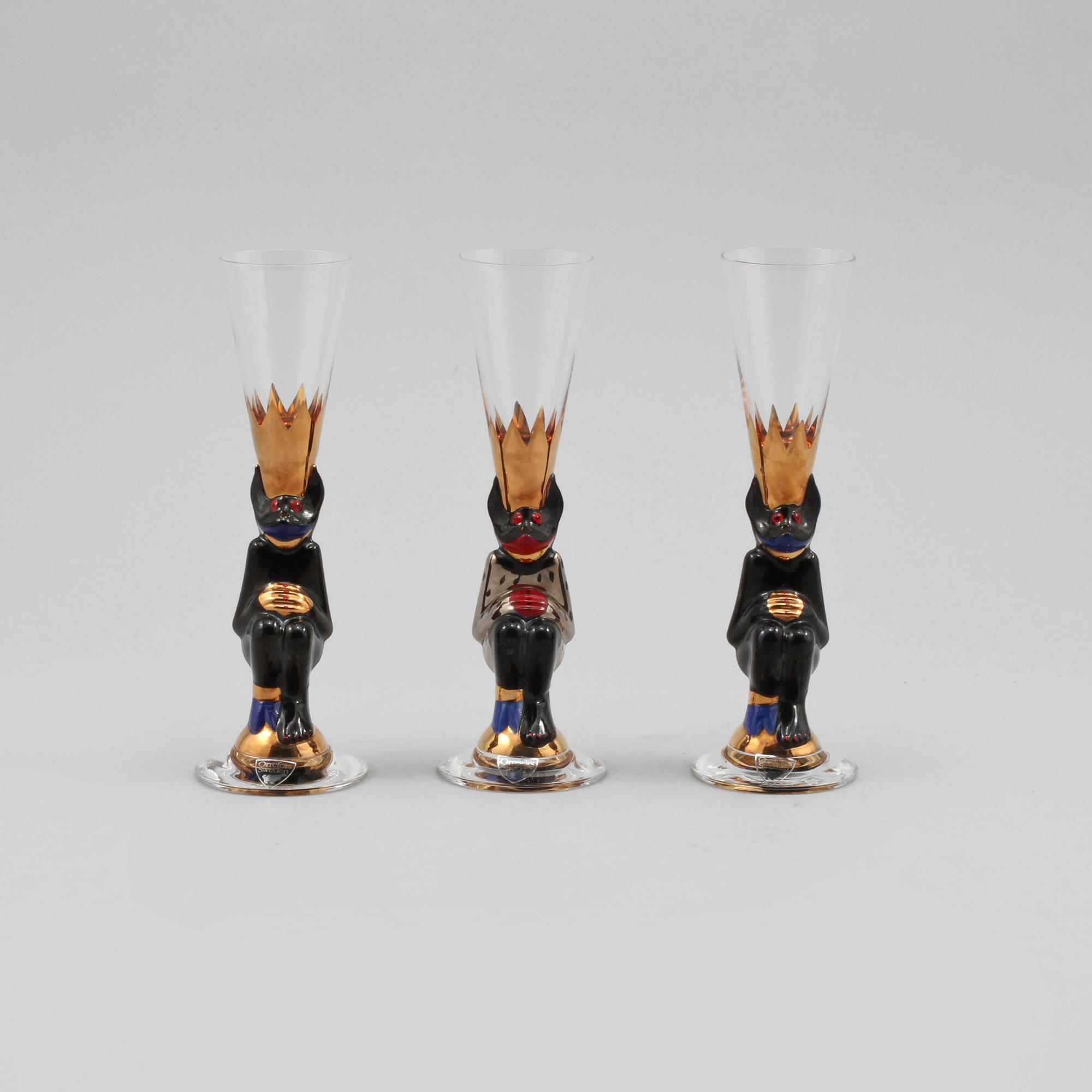 SNAPSGLAS, 3 st, "Nobel", Gunnar Cyrén, Orrefors, formgivna 1996.