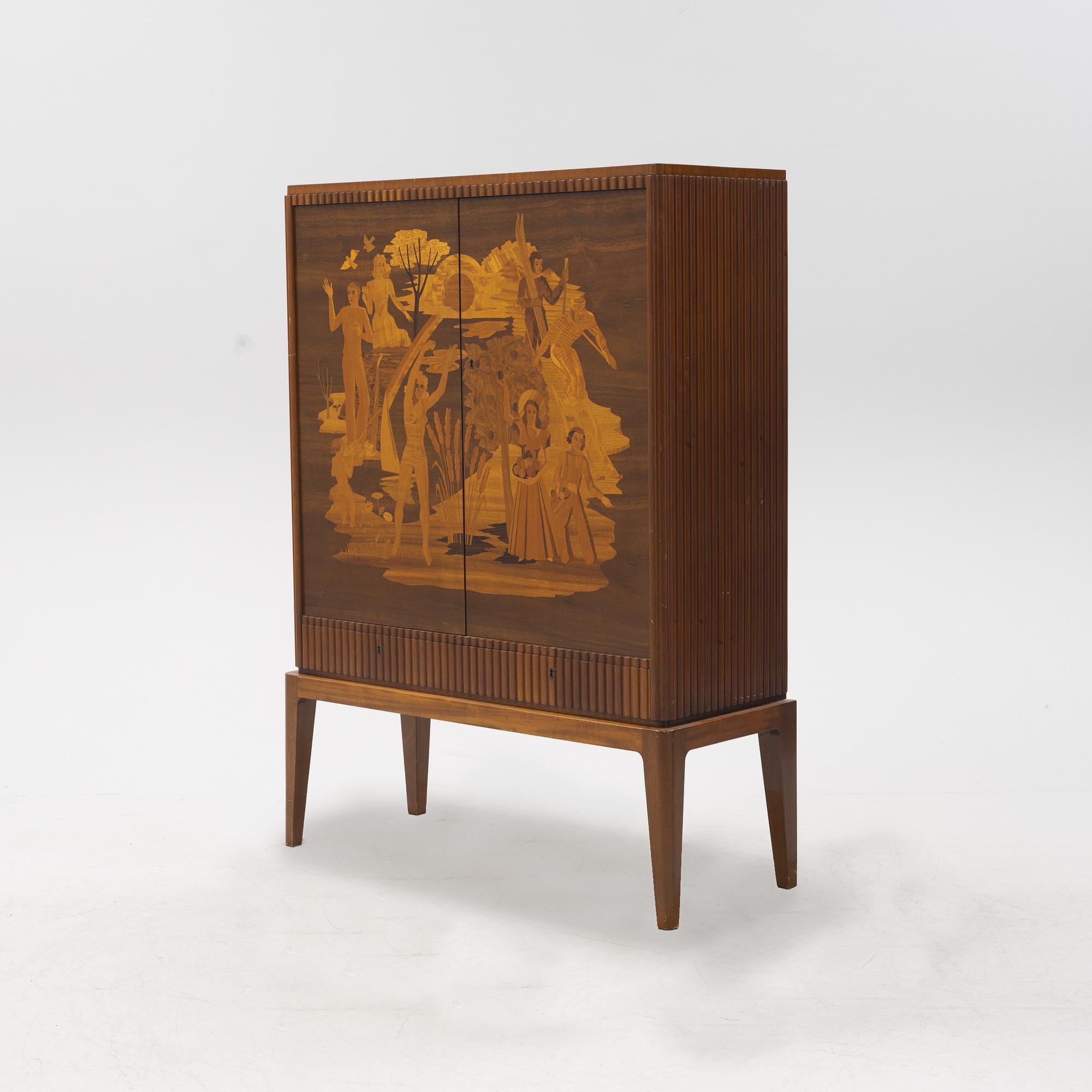 Erik Matsson, a Swedish modern marquetry cupboard, 'The season', HC Möbler AB Harry Carlsson, 1942.