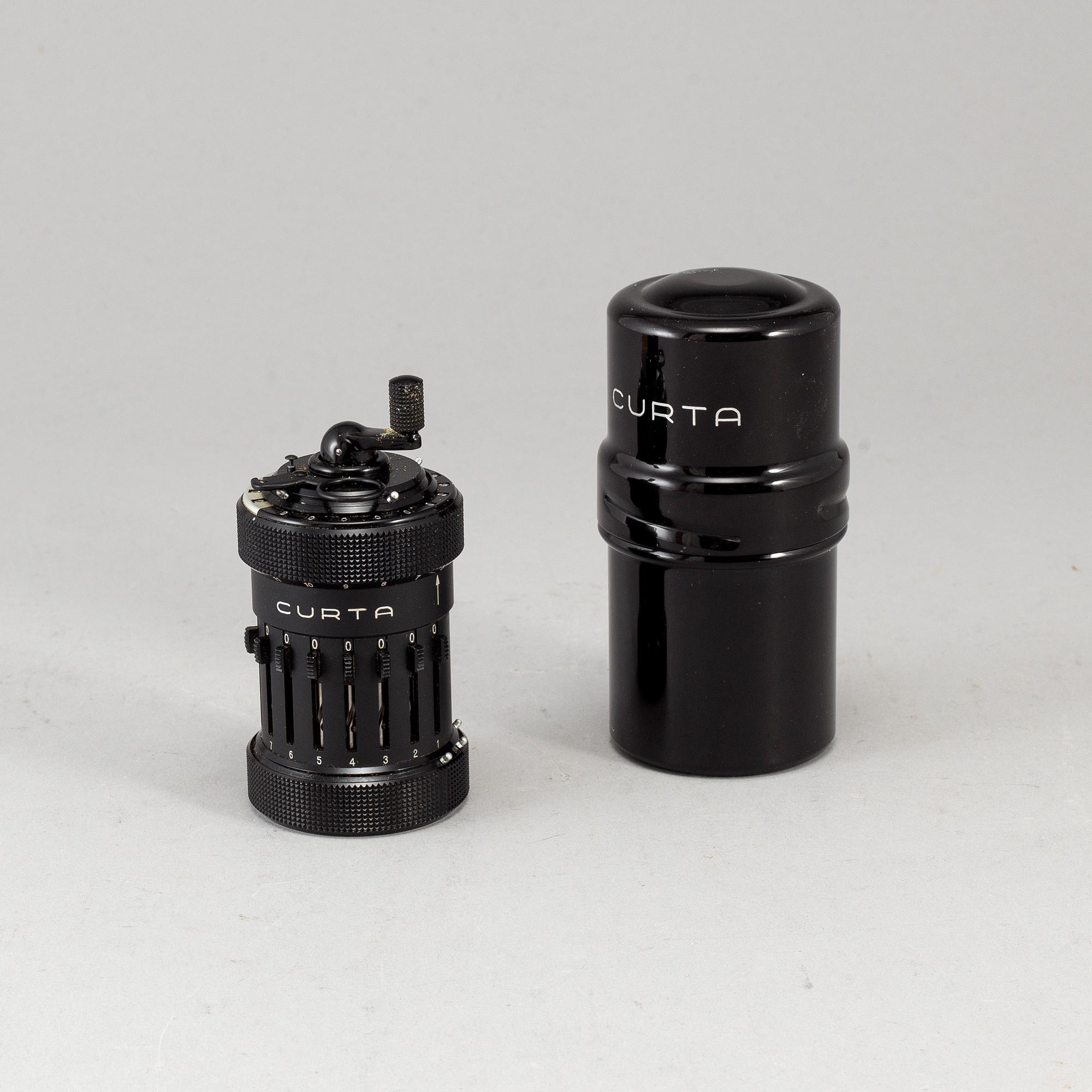 A 'Curta, Type I' calculator developed by Curt Herzstark, Contina AG Mauren, Lichtenstein, designed in 1947.
