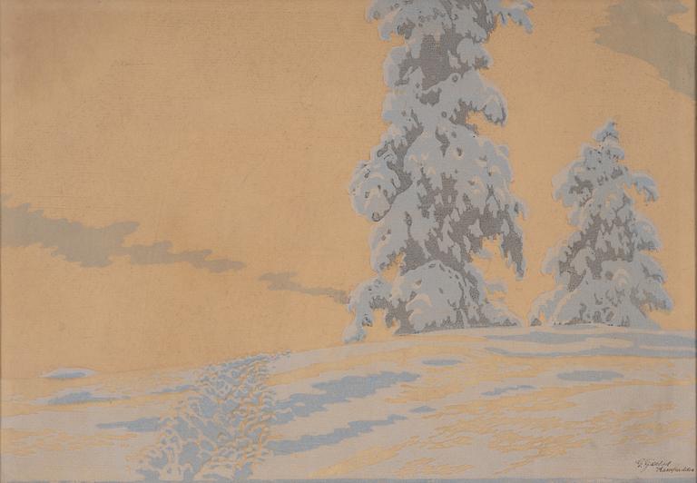 Gustaf Fjaestad, woodcut in colours, signed and dated 19?.