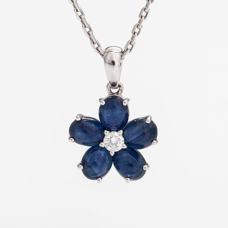 An 18K white gold necklace with sapphires and a diamond ca. 0.06 ct.