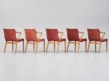 Axel Larsson, a set of five Swedish Modern beech and red leather chairs, Svenska Möbelfabrikerna Bodafors, Sweden 1961.