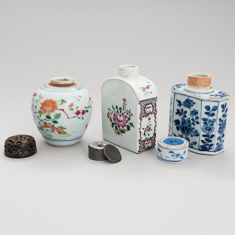 Two Chinese 18th-Century porcelain tea caddies and a jar and a 19th-Century snuff bottle.