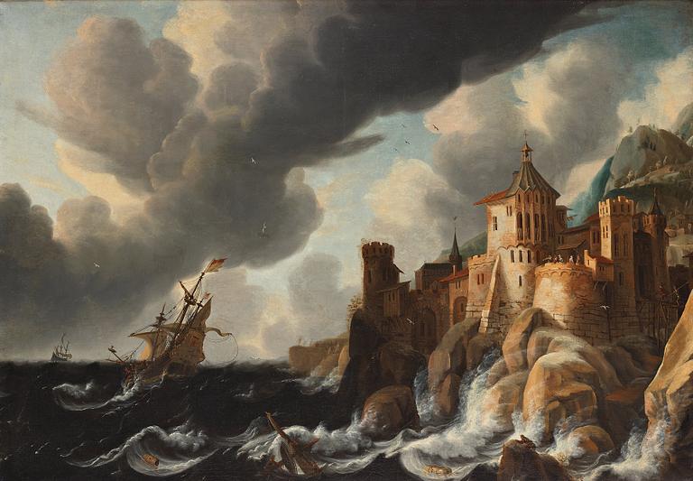 David Ludeking Attributed to, Ships on stormy coastal sea with casle above.