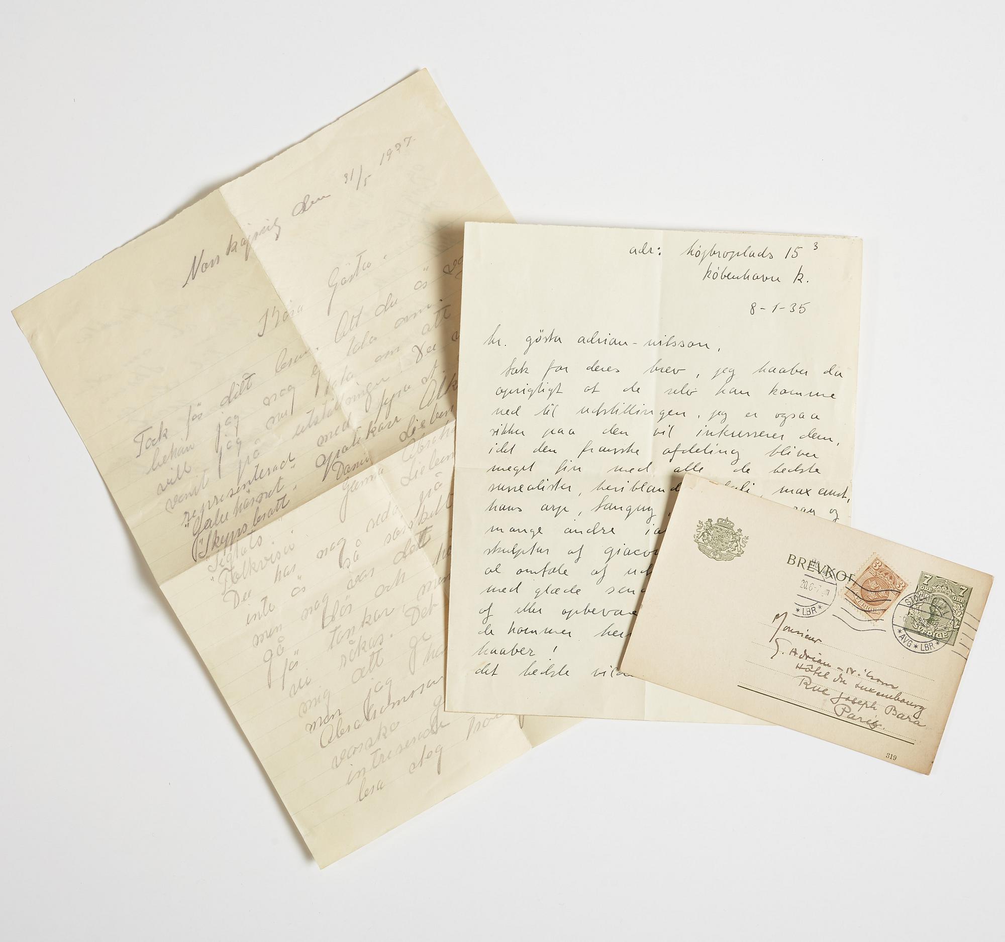 LETTERS (2) and POSTCARD to GAN (Gösta Adrian-Nilsson) from, among others, Vilhelm Bjerke-Petersen and Edvin Ganborg.