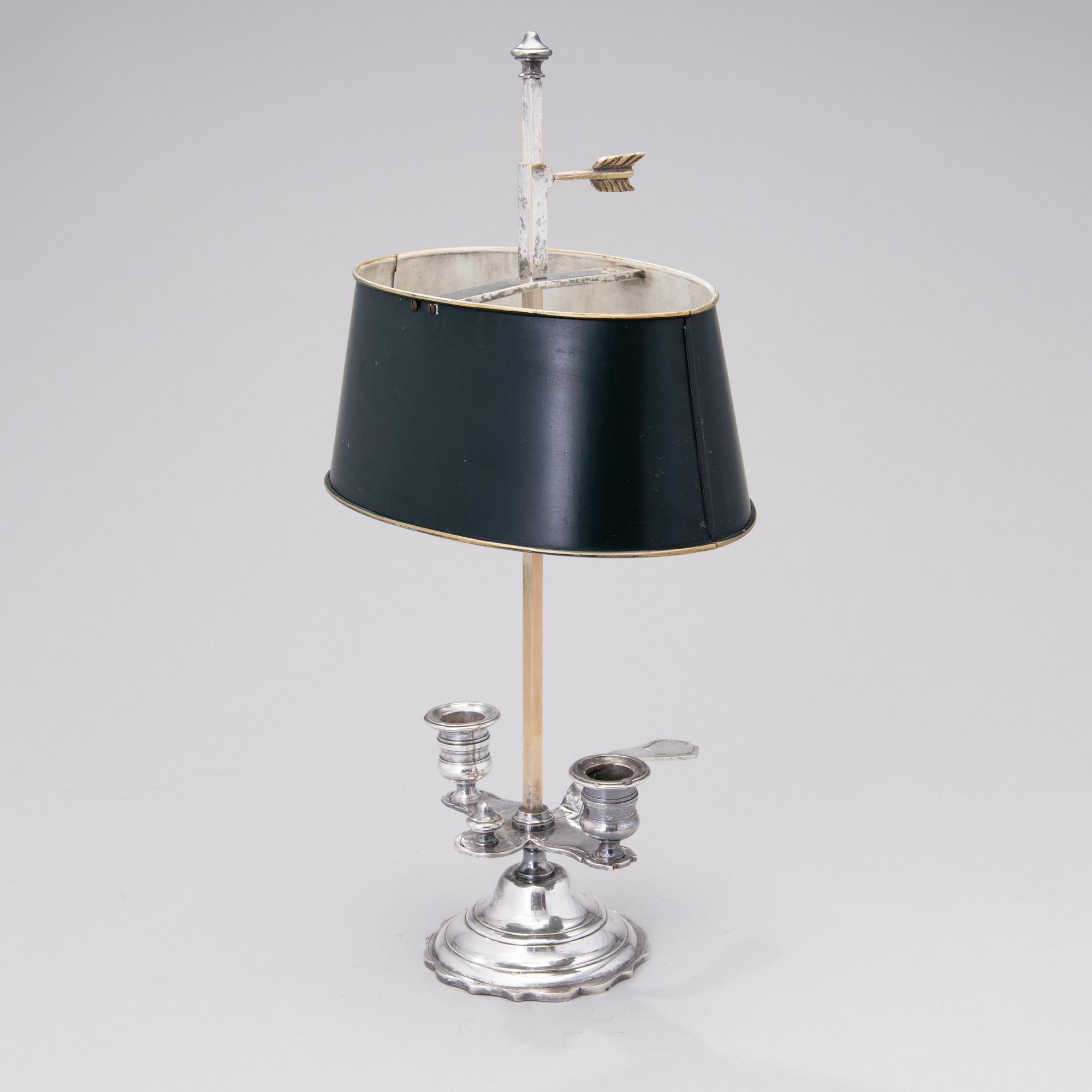 A BOUILOTTTE DOUBLE CANDLESTICK LAMP, silverplated, early 20th century.
