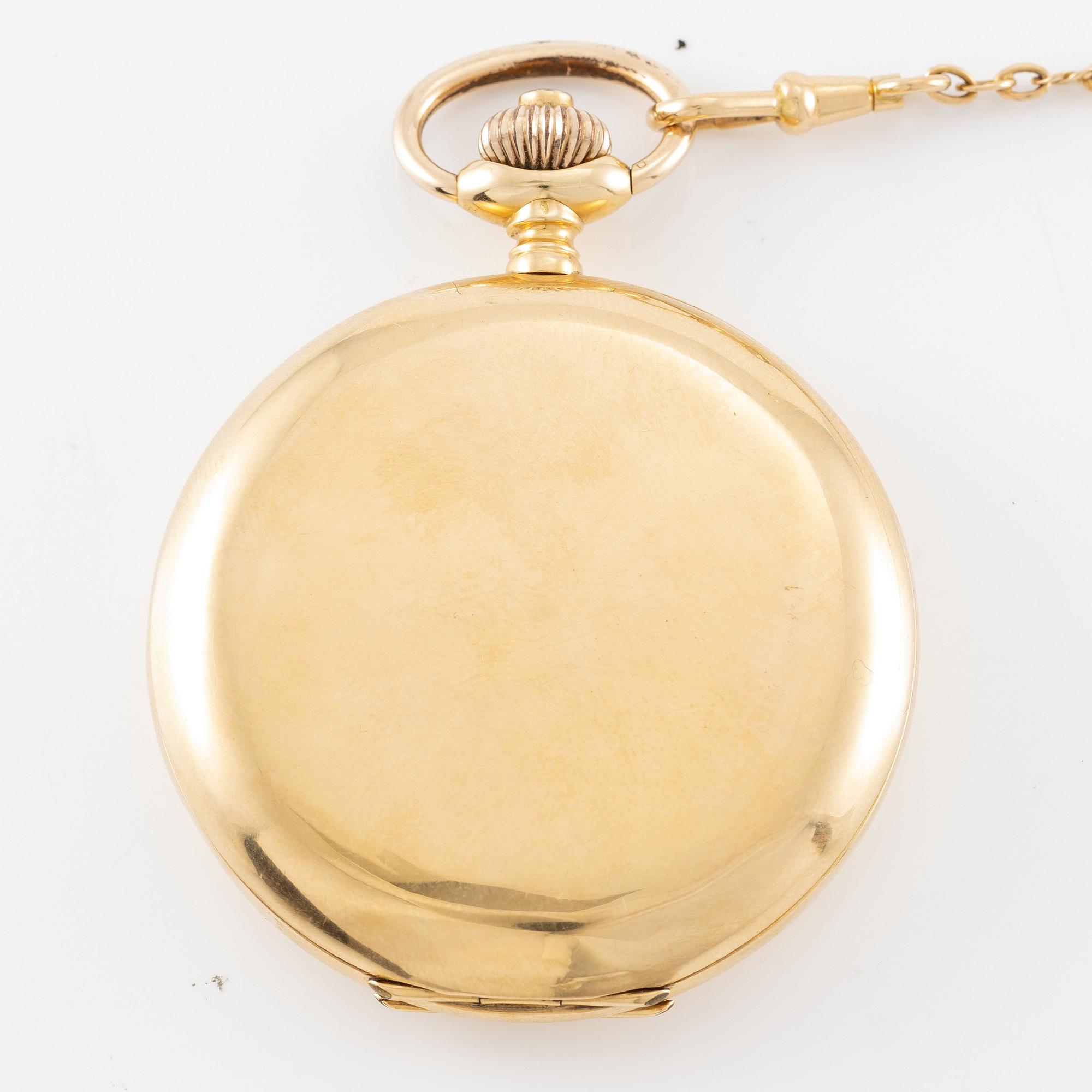 Longines, pocket watch, hunter, 18K gold with chain, 52 mm.