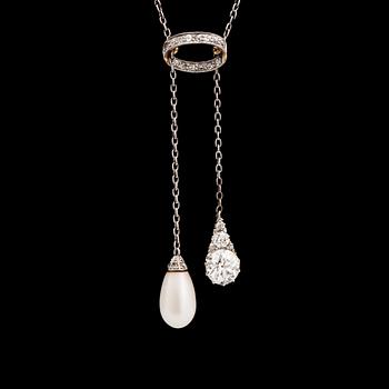 1099. An old cut diamond and natural pearl pendant/necklace, c. 1905.