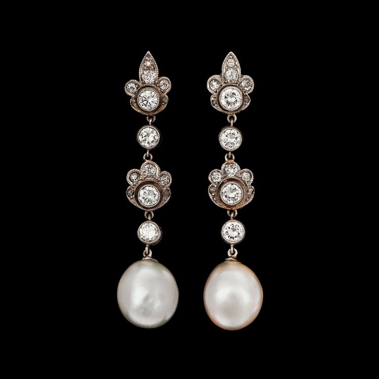 A pair of natural saltwater pearl and diamond earrings. Total carat weight of diamonds circa 1.00 ct.