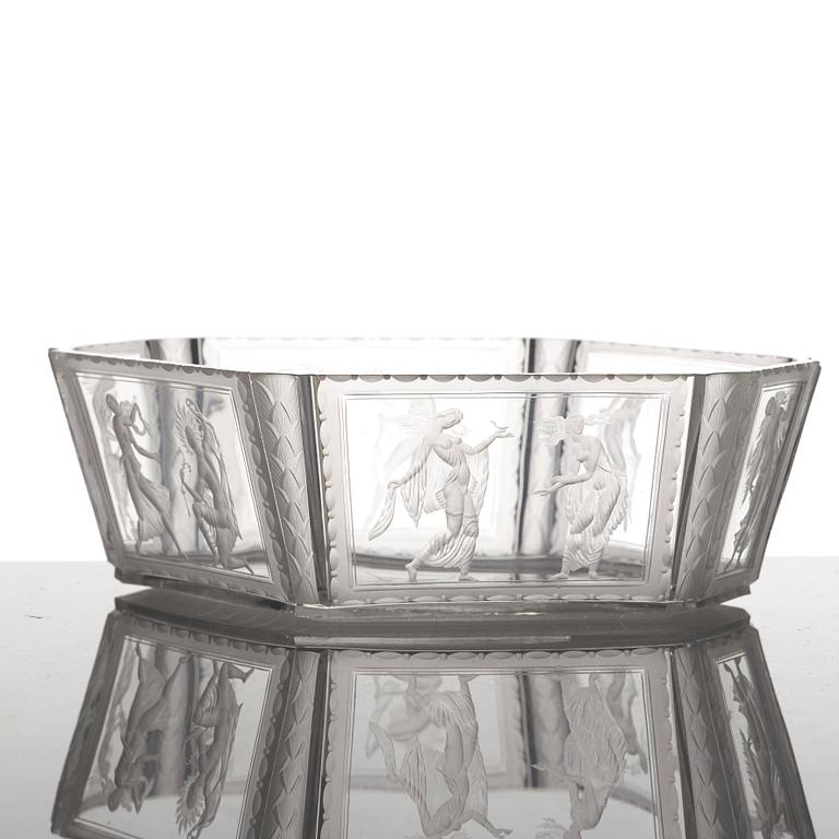 Simon Gate, an hexagonal engraved bowl, Orrefors, Sweden 1922, engraved by Richard Bayer, model nr 237.