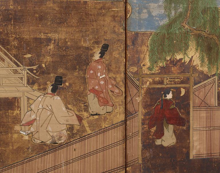 A Japanese six fold screen, Meiji (1868-1912).