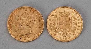 MYNT, 2 st, guld 21K, 20 Lire Vittorio Emanuelle II, Italien 1863 resp 1865. Totalvikt ca 13 gram.