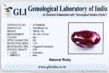 RUBIN, naturlig, corundum,189.00 ct. Certifikat.