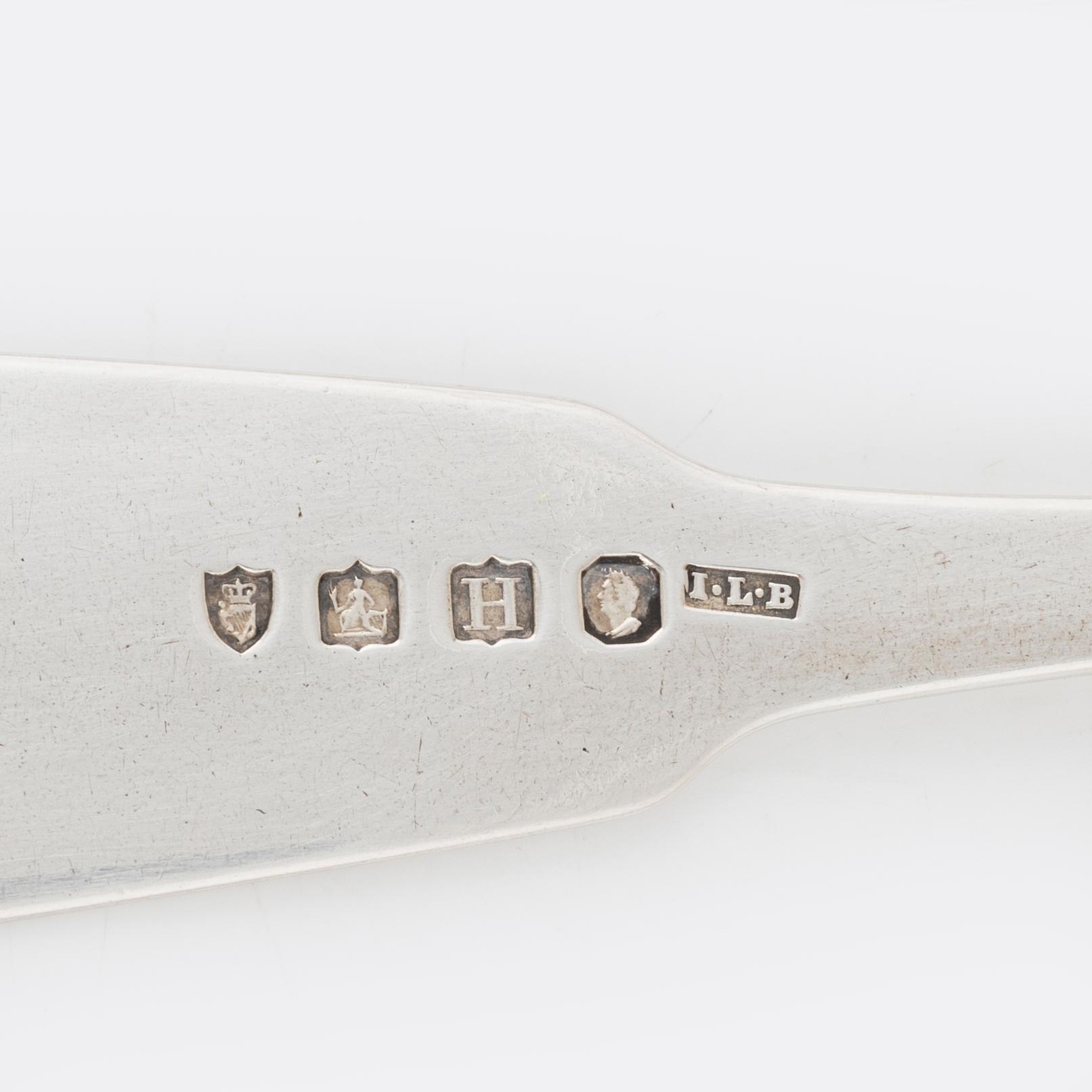 Six silver spoons, Ireland and England, including James Le Bas, Dublin 1828.