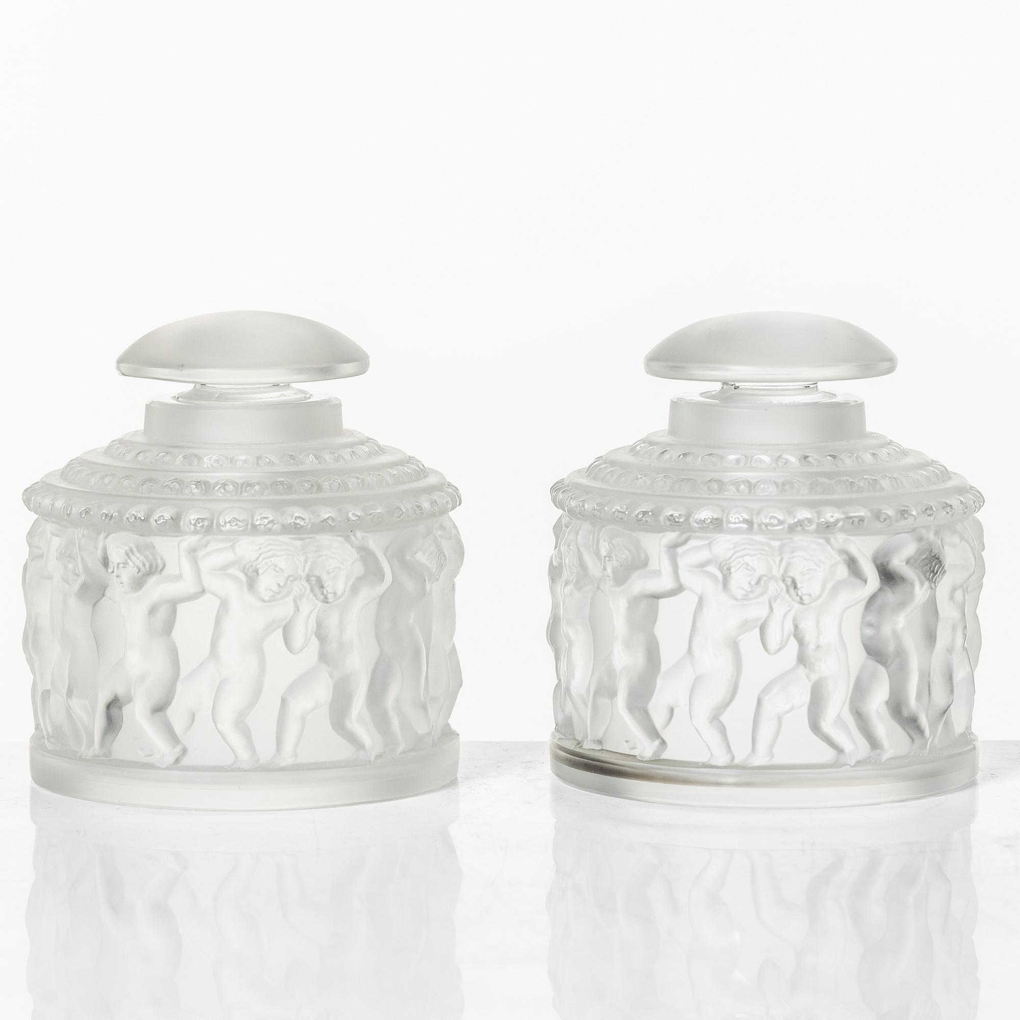 René Lalique, flacons with lids, a pair, glass, "Les Enfants", France, signed.