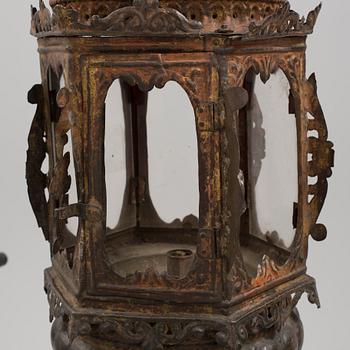 A 17TH CENTURY BAROQUE BRASS LANTERN. Height ca 72 cm.