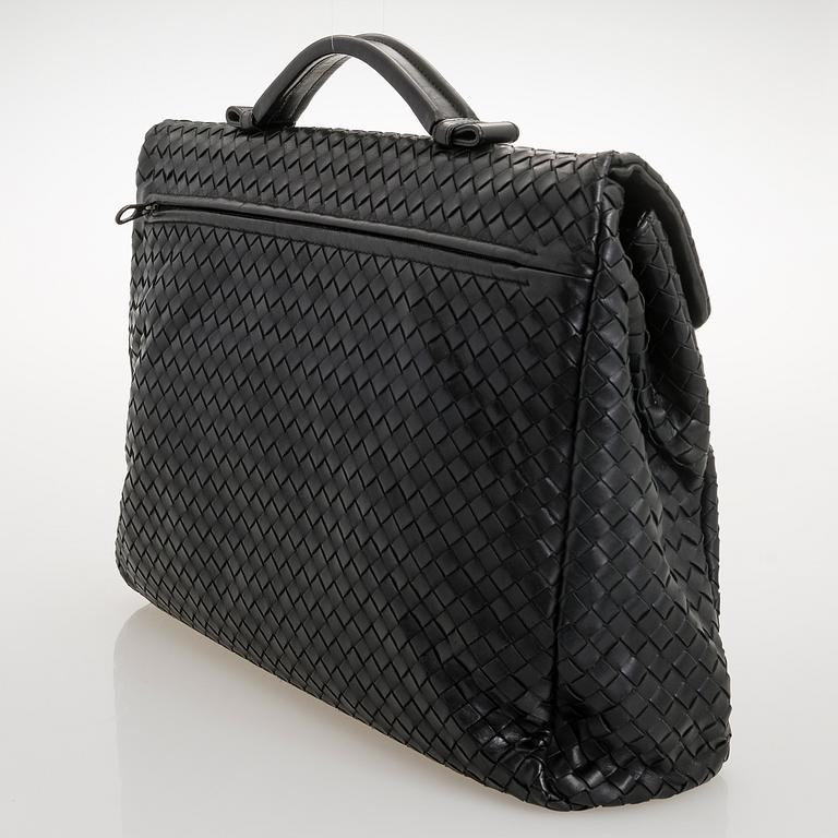 BOTTEGA VENETA Black Intrecciato Leather Briefcase.
