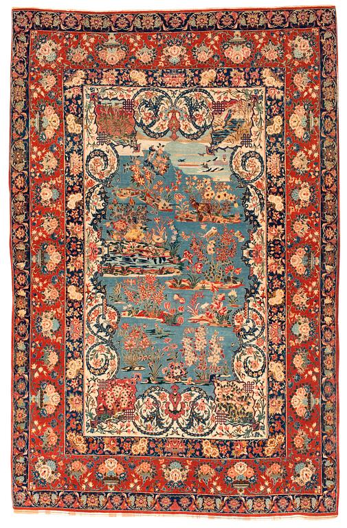 SEMIANTIK ISFAHAN FIGURAL PART SILK. 236 x 154,5 cm (en kortsida med 1 cm slätväv, en med 2 cm slätväv.).