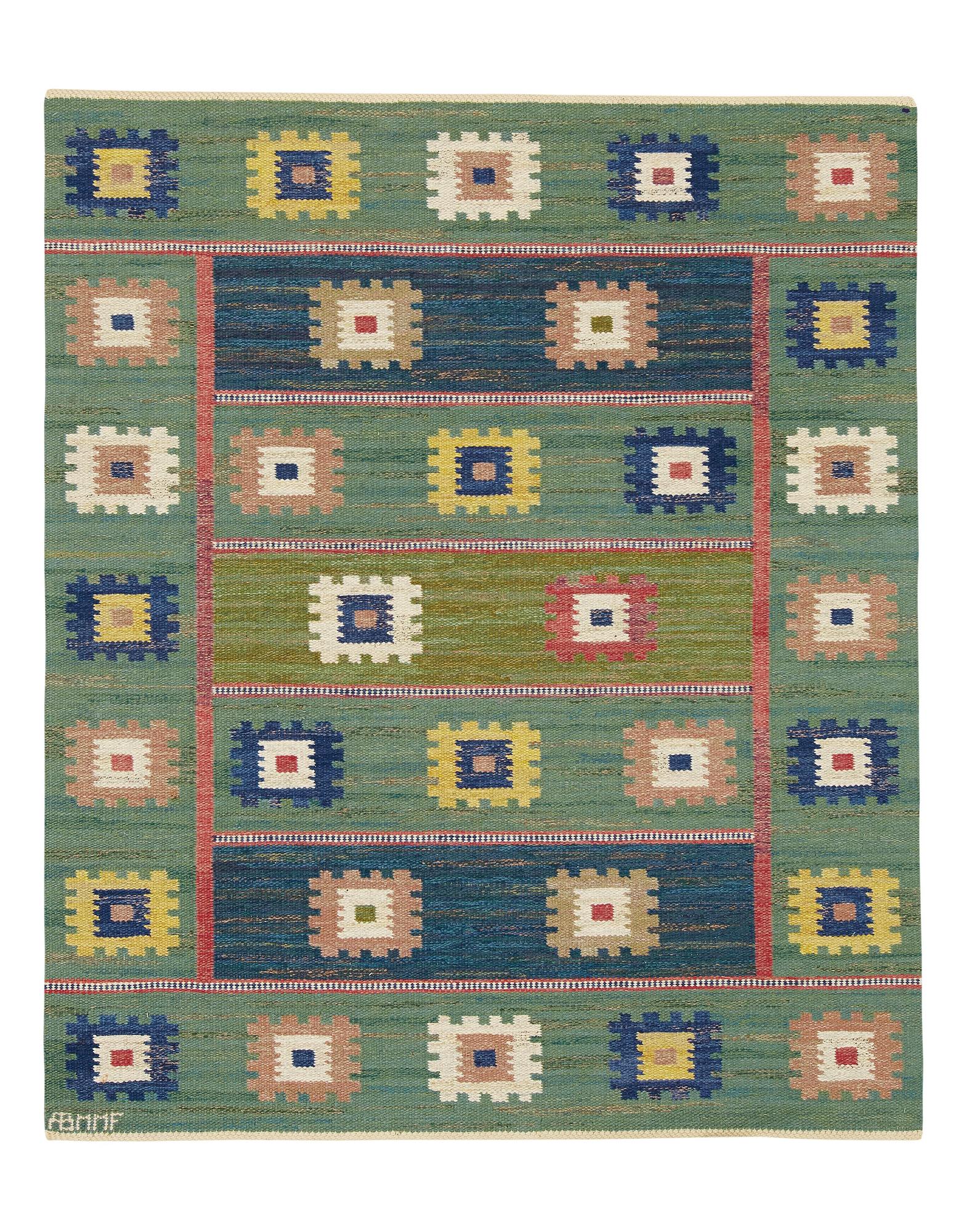 Märta Måås-Fjetterström, A CARPET, "Grön äng", flat weave, ca 184,5 x 153 cm, signed AB MMF.