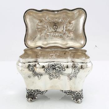 Christian Hammer sugar box with key, silver, Stockholm 1858, Neo-Rococo.