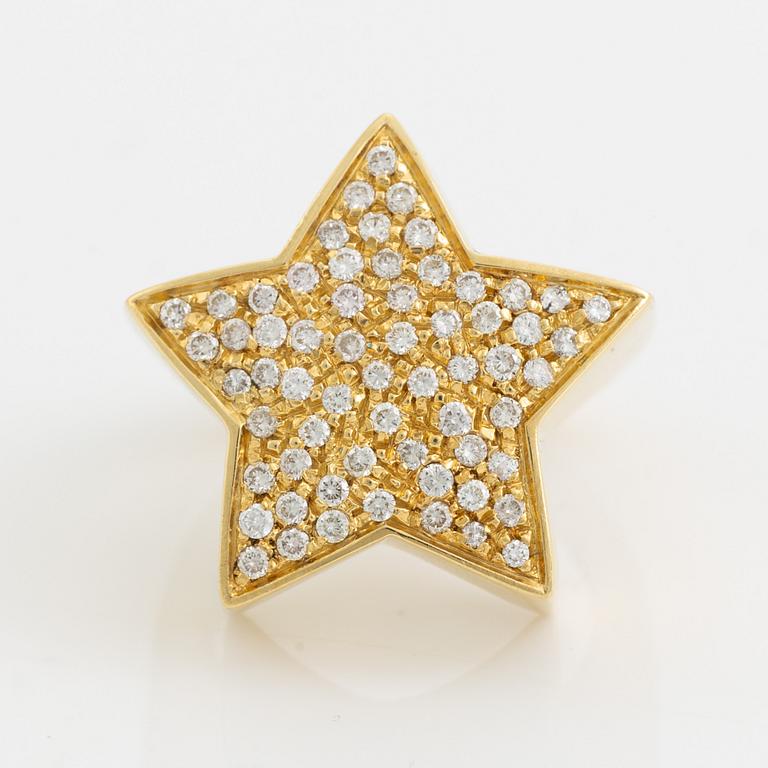 18K gold and brilliant cut diamond star ring. Italy ca 1970-80's.
