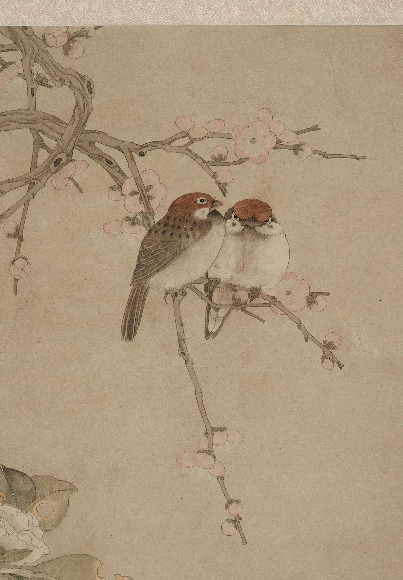 MÅLNING, av Chen Zhifo, signerad, blommande kamelia, prunus och sparvar.