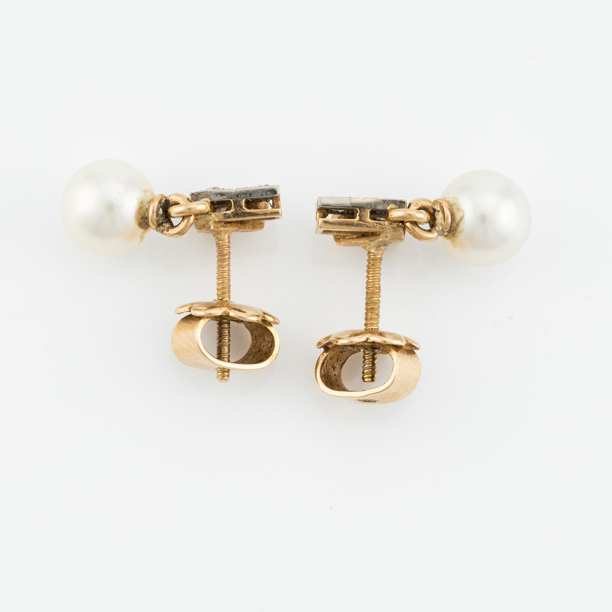 Earrings, a pair, gold with pearls and small rose-cut diamonds.