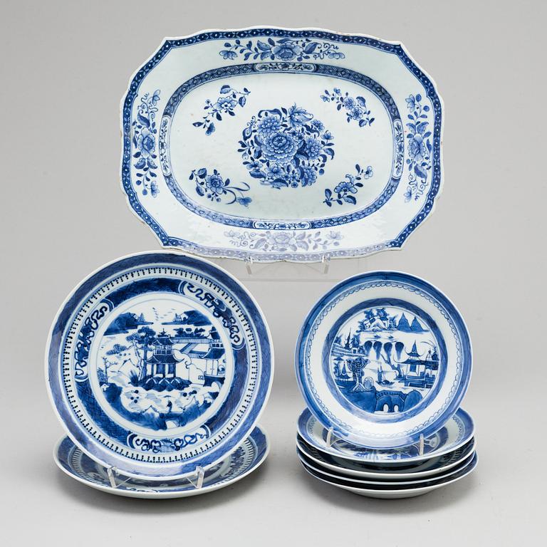 A Qianlong porcelain platter and seven 19th century dishes, Qing dynasty.