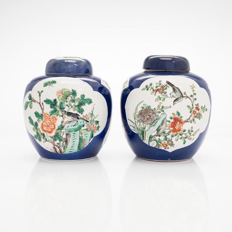A pair of famille verte jars with covers, China mid 20th century.