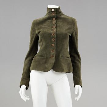 A dark green suede jacket by ralph lauren.