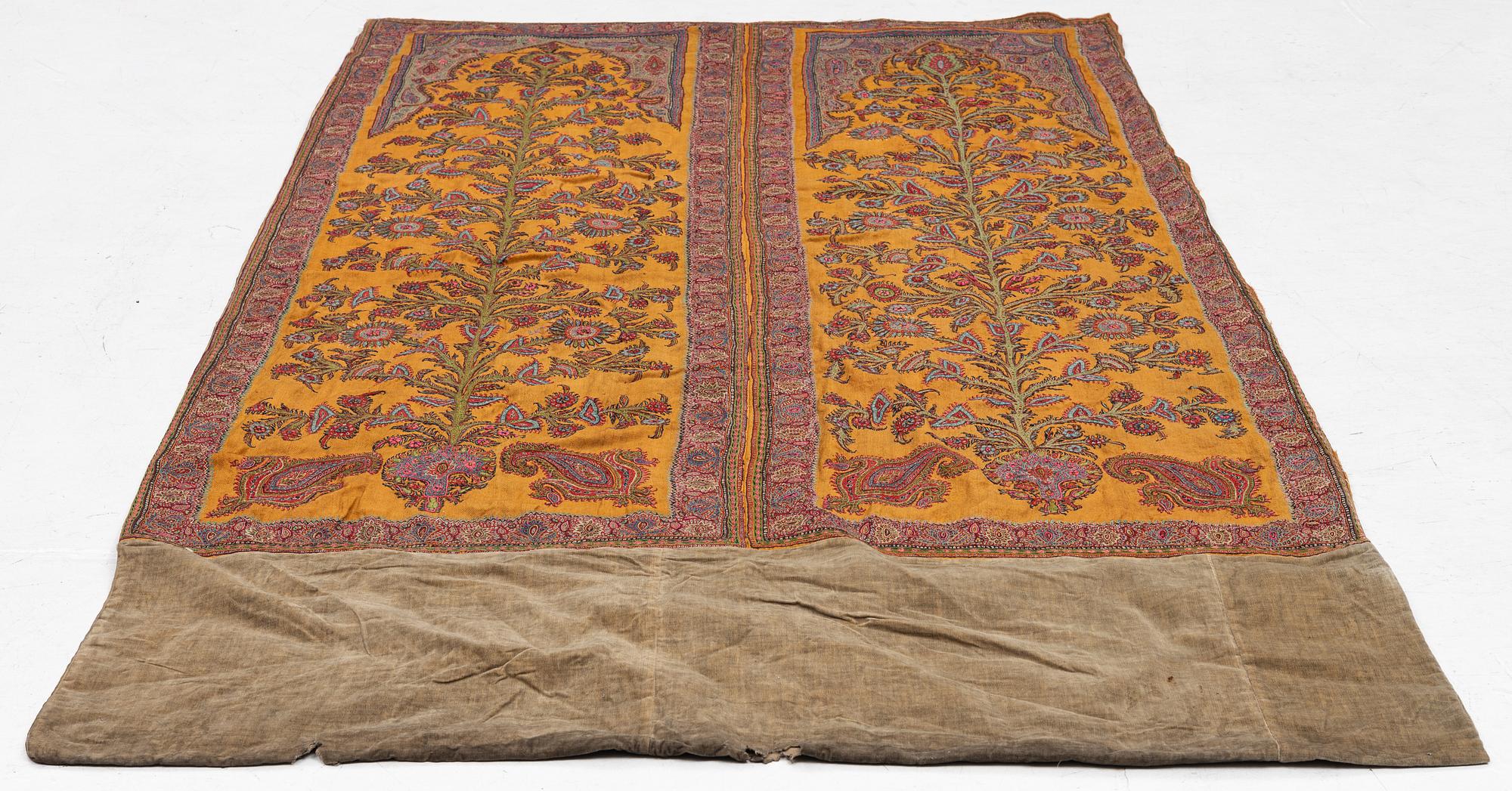Embroidery, a pair, semi-antique Pateh Kirman, approx. 122 x 190 cm in total.