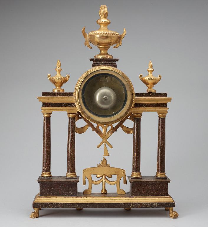 A late Gustavian porphyry imitation and gilt wood mantel clock by W. Pauli.