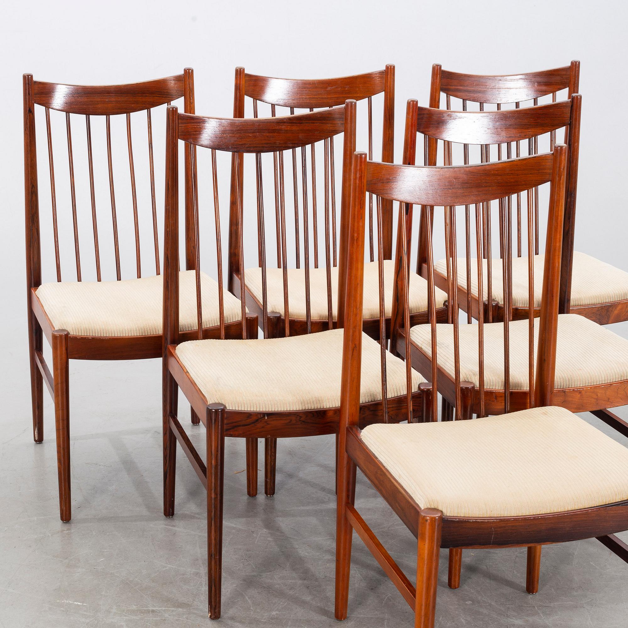 ARNE VODDER, stolar, 6 st, palisander, 1960-tal, Cites-intyg medföljer.