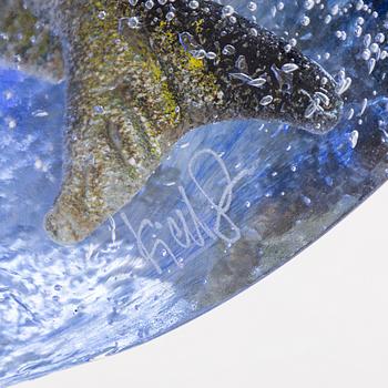 Kjell Engman, glass sculpture, seagull and fish in waves, Kosta Boda.