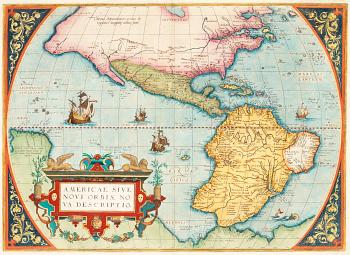 Abraham Ortelius, Ur: Theatrum Orbis Terrarum" (6). Världskarta, Europa, Asien, Afrika, Amerika samt porträtt. 1579.