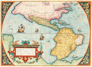 Abraham Ortelius, From; "Theatrum Orbis Terrarum" (6). Worldmap, Europe, Asia, Africa, America and portrait. 1579.