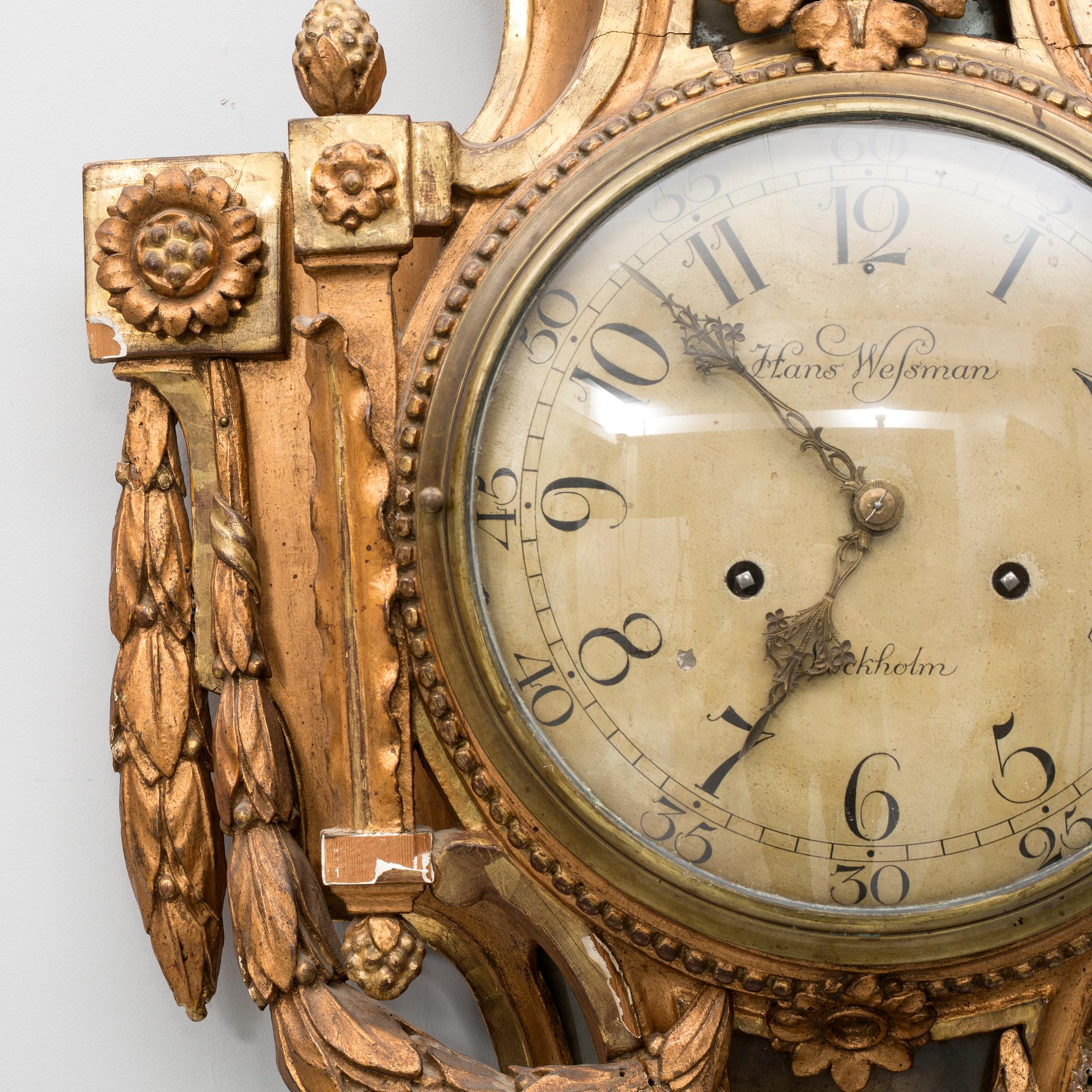 A gustavian wall clock, dial marked "Hans Wessman, Stockholm", around year 1800.