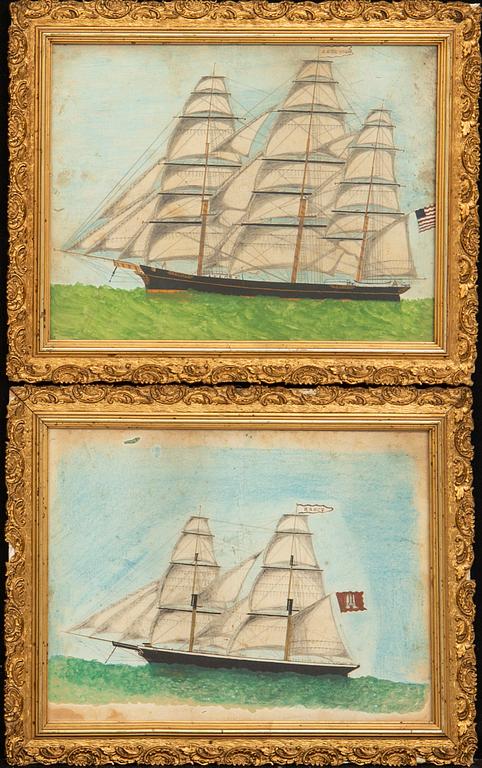 Two portraits of sailing ships, mixed media, 19th century.