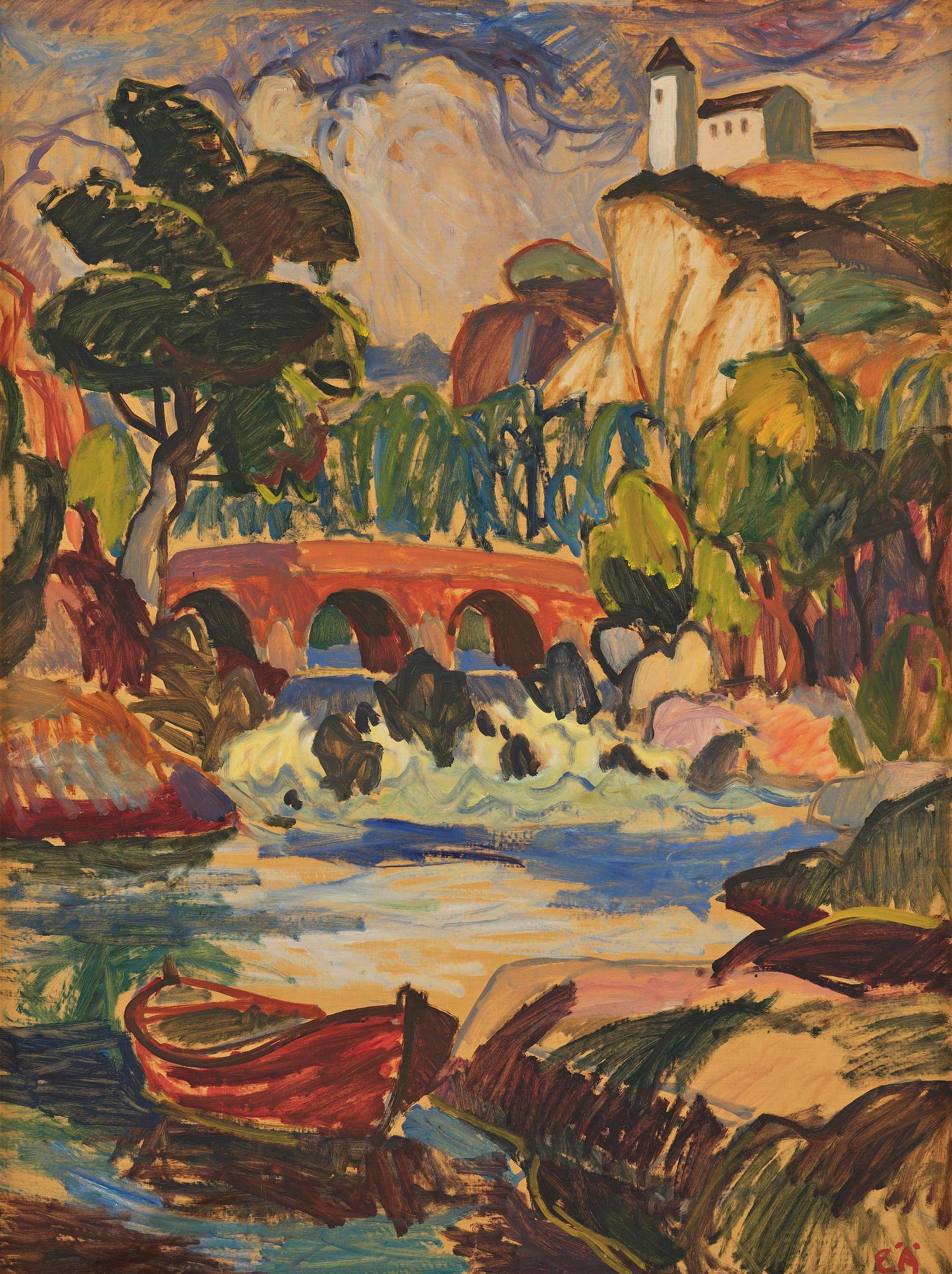 Erling Ärlingsson, Southern landscape with a bridge and church on a cliff.