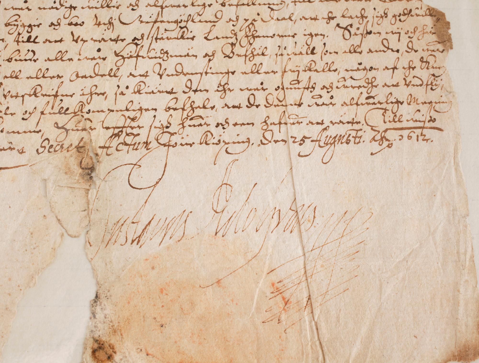 A letter from the swedish king Gustav II Adolf, dated 1612.