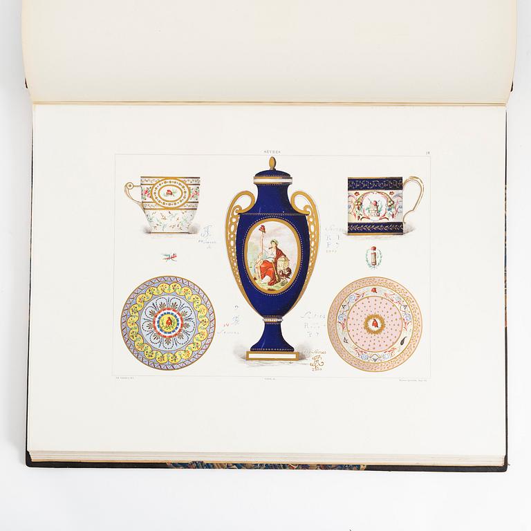 A book, La Porcelaine Tendre, de Sevres, par Edouard Garnier. 50 Planches reproduisant 250 motifs en aqurelle. Paris.