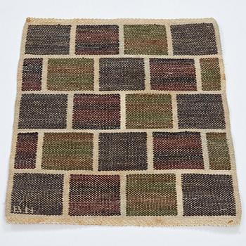 Barbro Nilsson, vävnad, "Kvadrater på linne, mörk", inplock på linnebotten, ca 48-49 x 39-40 cm, signerad BN.
