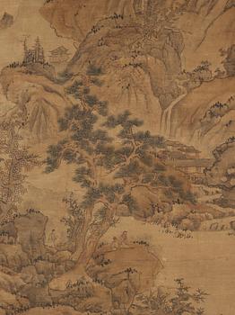 A hanging scroll of a landscape with figures in the style of Lan Ying (1586-1666), Qing dynasty, 19th century.