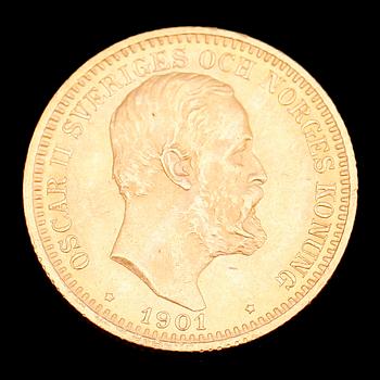 GULDMYNT, 20 kr, Oscar II, 1901. Vikt ca 9 g.