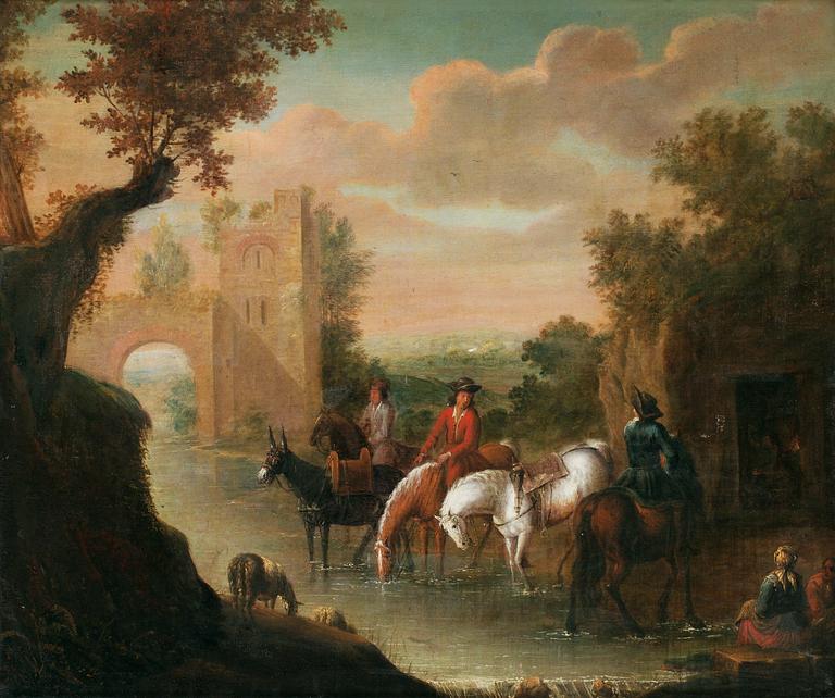Adam Frans van der Meulen Circle of, Elegant company with horses.