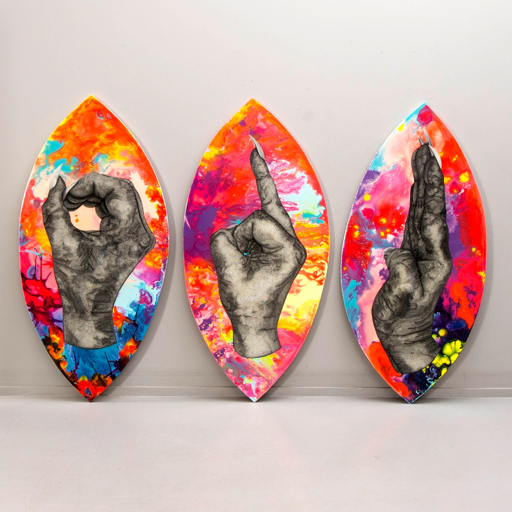Carolina "Blue" Falkholt, triptych, mixed media on panel / board, signed on verso.