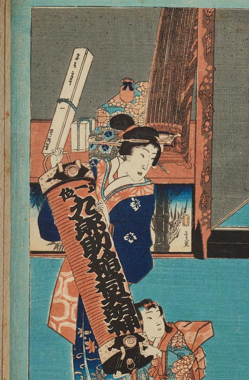 Utagawa Kunisada, four colour woodblock prints, Japan, c. 1850-60.